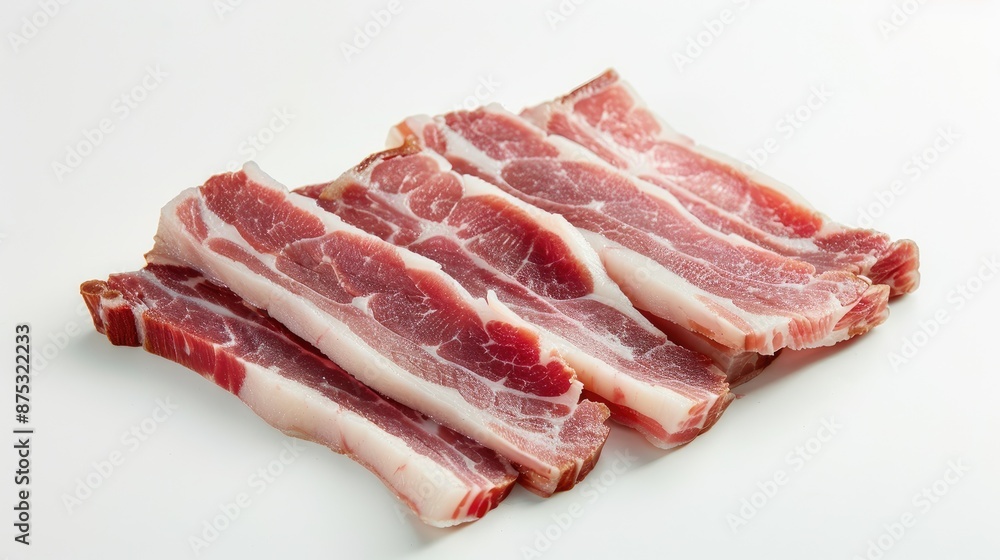 Close-up of raw, fresh pork belly slices arranged on a white surface. Perfect for recipes, cooking, and food-related projects. Close-up of raw, fresh pork belly slices arranged on a white surface. Perfect for recipes, cooking, and food-related projects.