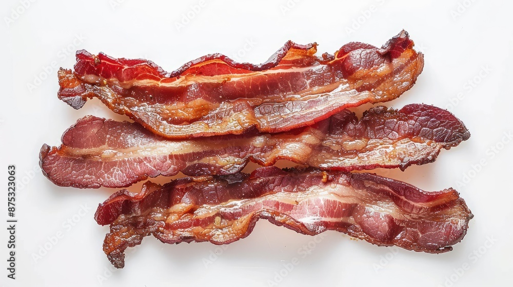 Close-up shot of crispy, cooked bacon strips on a white background, highlighting their delicious texture and rich color. Close-up shot of crispy, cooked bacon strips on a white background, highlighting their delicious texture and rich color.