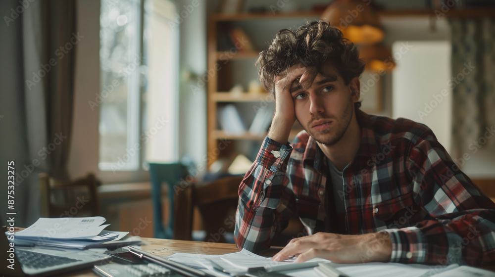 Obraz premium Financial problem depicting a concerned millennial businessman calculating tax bills, payments, and dealing with debt or bankruptcy. A worried young man accountant struggles