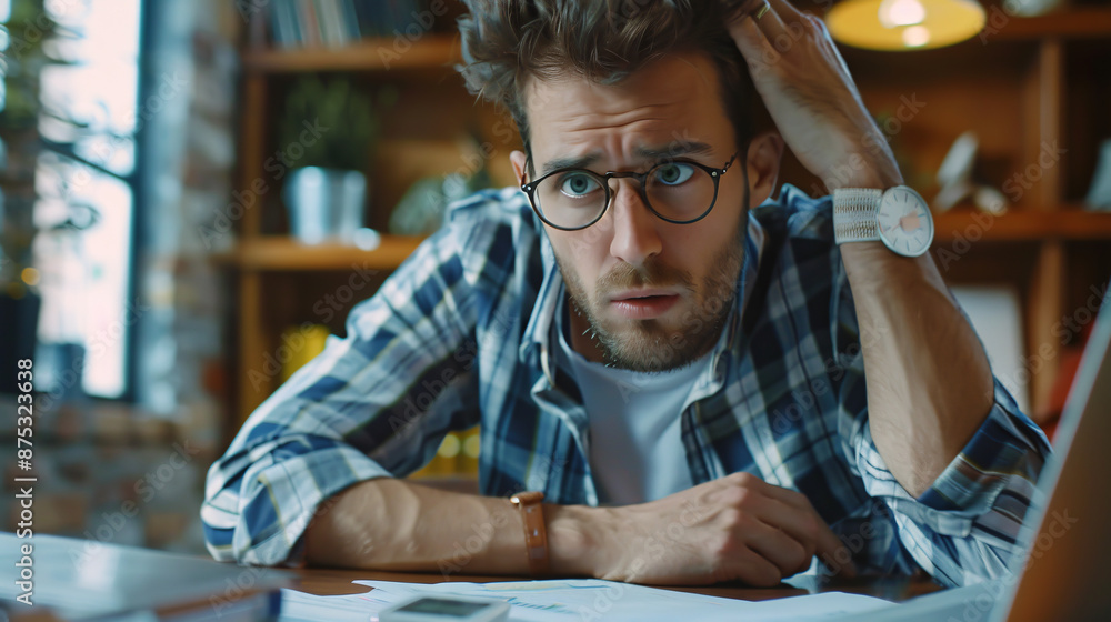 Financial problem depicting a concerned millennial businessman calculating tax bills, payments, and dealing with debt or bankruptcy. A worried young man accountant struggles Financial problem depicting a concerned millennial businessman calculating tax bills, payments, and dealing with debt or bankruptcy. A worried young man accountant struggles