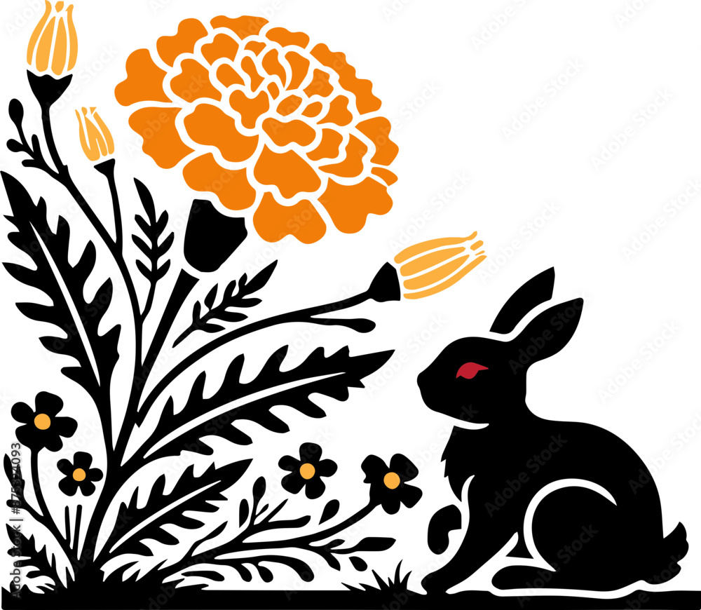 Silhouette of a rabbit sitting under a large marigold flower with blooms and leaves, nature-themed illustration. Silhouette of a rabbit sitting under a large marigold flower with blooms and leaves, nature-themed illustration.