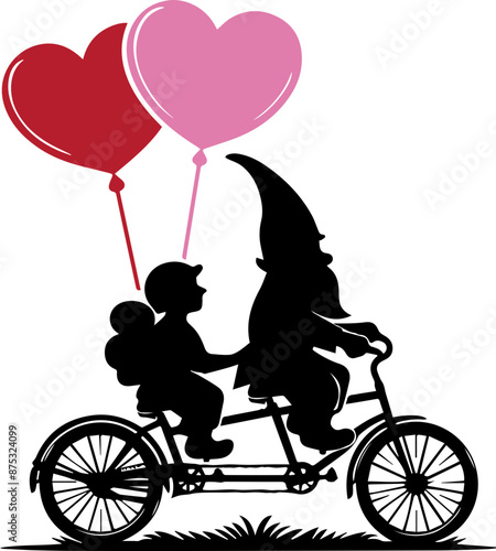 Silhouette of a child and a gnome riding a tandem bicycle with heart-shaped balloons. Love, adventure, and whimsical design.