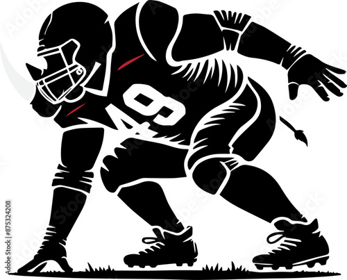 Silhouette of an American football player in a defensive stance, ready for action. Energetic and dynamic pose in black and white.