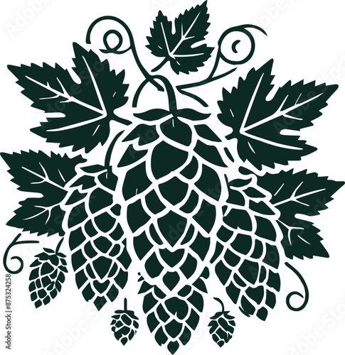 Detailed vector illustration of hops plant with leaves and cones, ideal for brewery and nature-inspired designs.