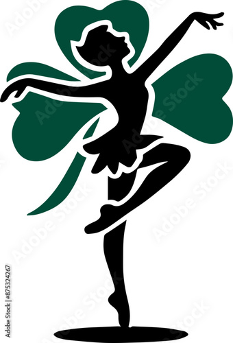 Silhouette of a dancer in front of a green four-leaf clover, symbolizing luck and grace. Artistic and elegant illustration.