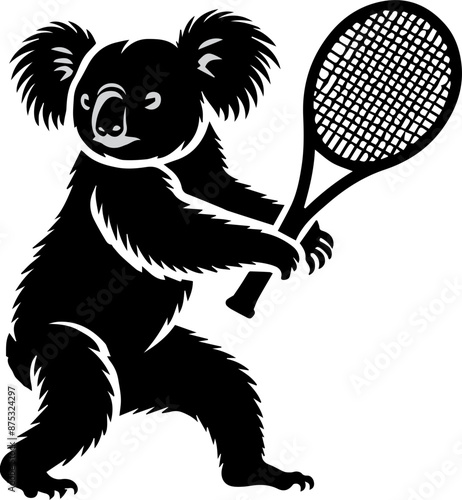 Illustration of a cute koala bear holding a tennis racket in a playful pose, perfect for sports and animal-themed designs and projects.