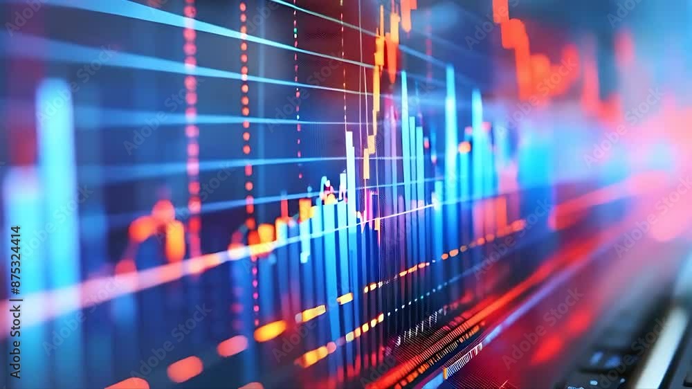 A close-up shot of a computer screen displaying vibrant stock market charts, with lines and bars fluctuating in red, orange, and blue hues. A close-up shot of a computer screen displaying vibrant stock market charts, with lines and bars fluctuating in red, orange, and blue hues.