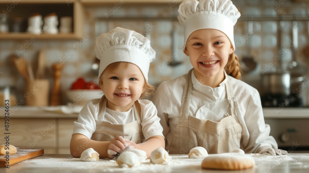 A young girl and an older sister wearing chef hats bake in the kitchen A young girl and an older sister wearing chef hats bake in the kitchen