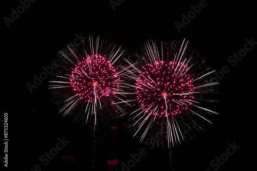Bright fireworks on the black sky background. Fireworks competition from loto Quebec. Celebration concept with copy space and selective focus. 