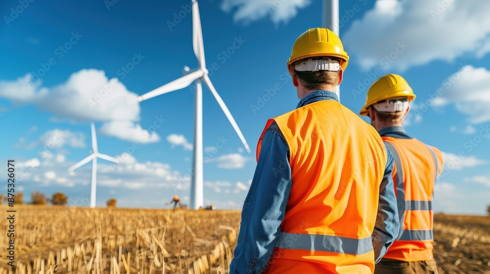 A engineer man stands in a field of wind turbines. The scene is peaceful and serene, with the man looking out over the vast expanse of turbines A engineer man stands in a field of wind turbines. The scene is peaceful and serene, with the man looking out over the vast expanse of turbines