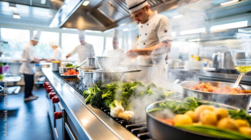 Experienced Chef Skillfully Prepares Cuisine in Dynamic Commercial Kitchen Setting Experienced Chef Skillfully Prepares Cuisine in Dynamic Commercial Kitchen Setting