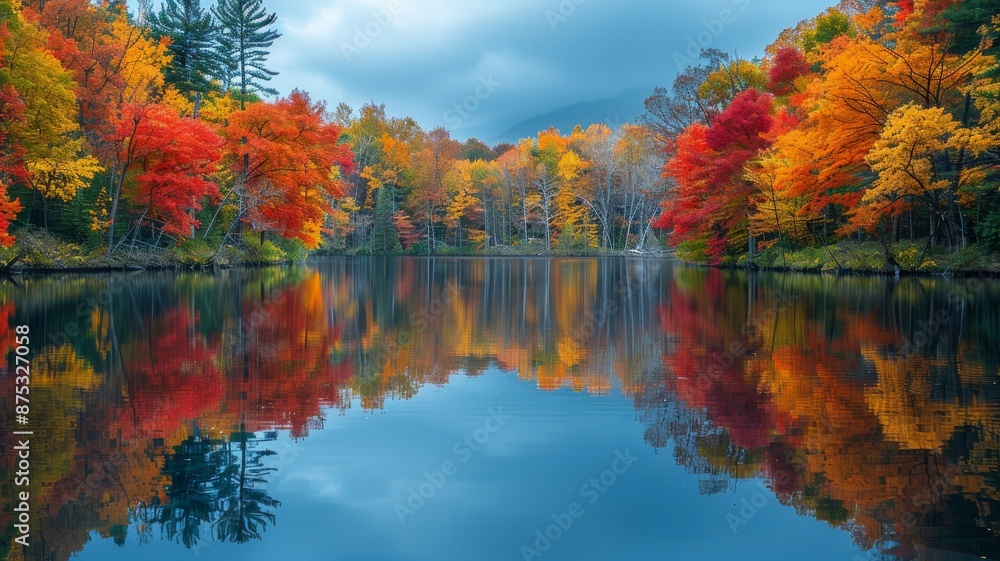 Fototapeta premium A serene lake surrounded by trees in full autumn splendor, with reflections of the colorful foliage shimmering on the water's surface