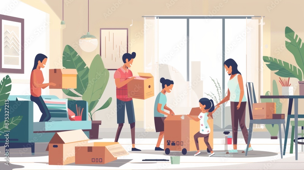 Family arranging furniture and items, open boxes, bright and airy Family arranging furniture and items, open boxes, bright and airy