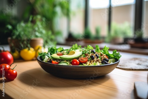 Vegan salad in bowl on kitchen countertop © Geber86