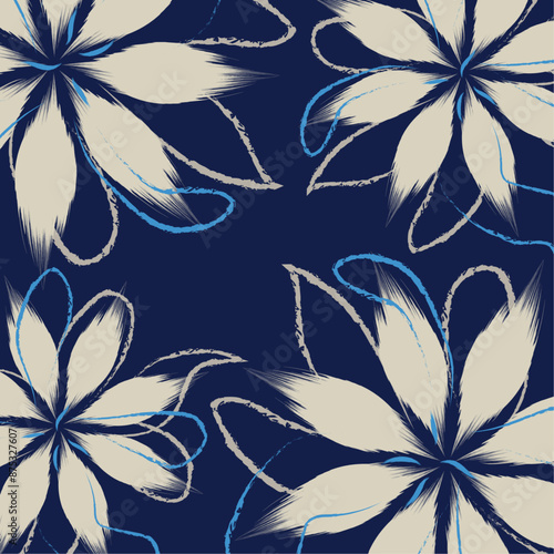 A pattern of Blue and grey floral textile tropical bicolor flower and leaves miniprint seamless pattern design. A flowers geometric textiles
