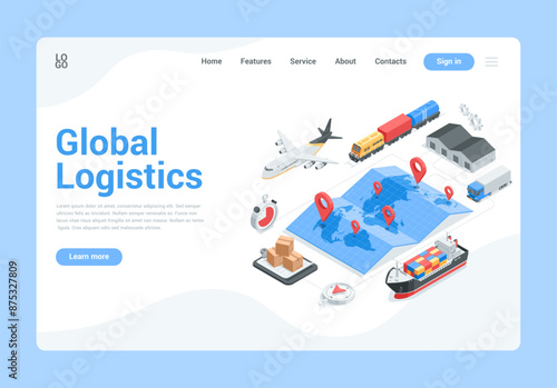 isometric vector landing global logistic, transport for transporting goods by air by water and by land with world map and location icons, on blue background, plane and train with ship and car
