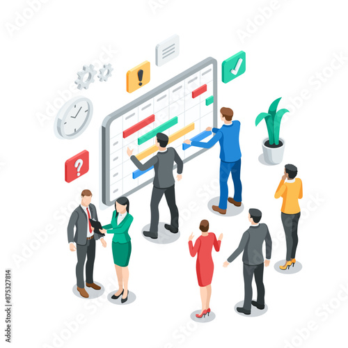 isometric vector business men and woman look at the timetable posted on the stand, in color on a white background, office workers and  teamwork