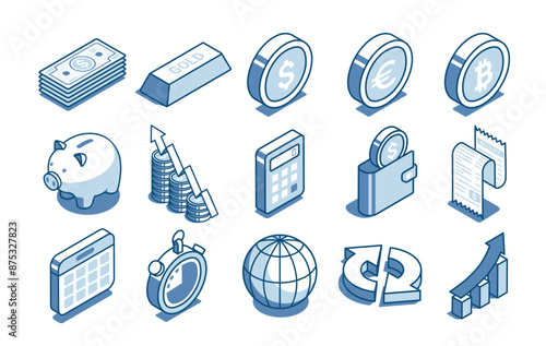 isometric vector set of linear icons on the theme of finance, in color on a white background, money and wallet with calculator and piggy bank with  calendar