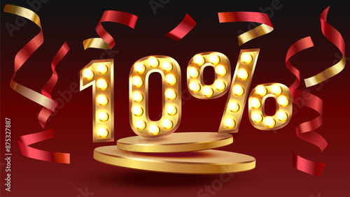 Mega sale, 10 special offer banner. Golden sign board promotion. Vector illustration