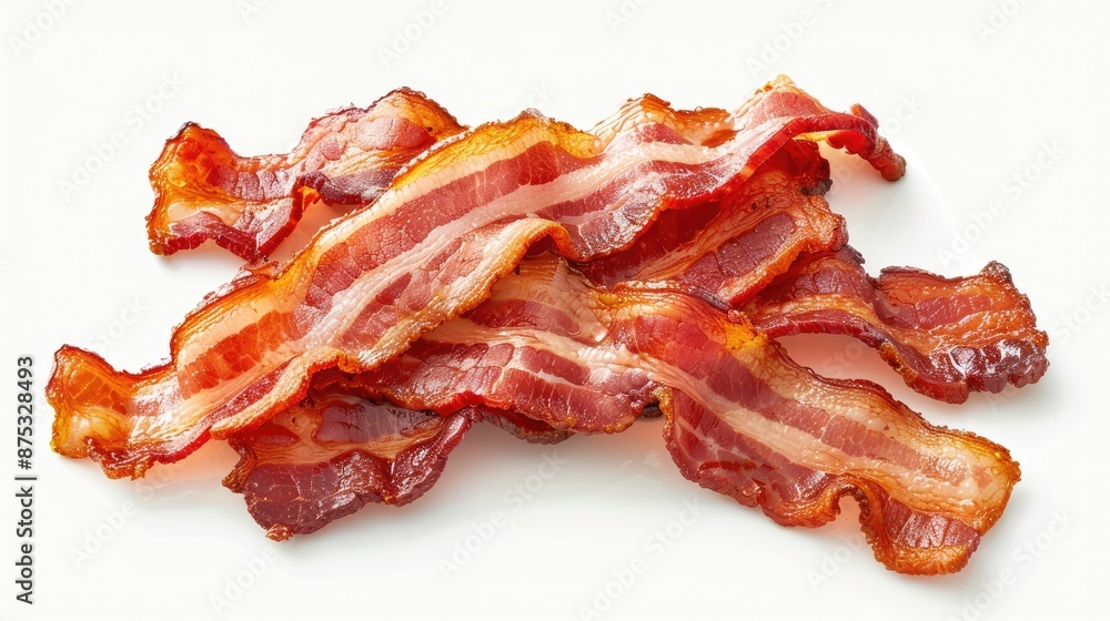 Crispy, golden-brown bacon strips piled on a white background, showcasing a delicious and savory breakfast staple. Crispy, golden-brown bacon strips piled on a white background, showcasing a delicious and savory breakfast staple.