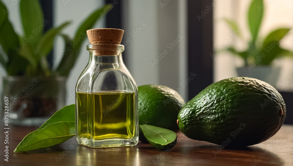 oil in a glass bottle, fresh avocado oil in a glass bottle, fresh avocado
