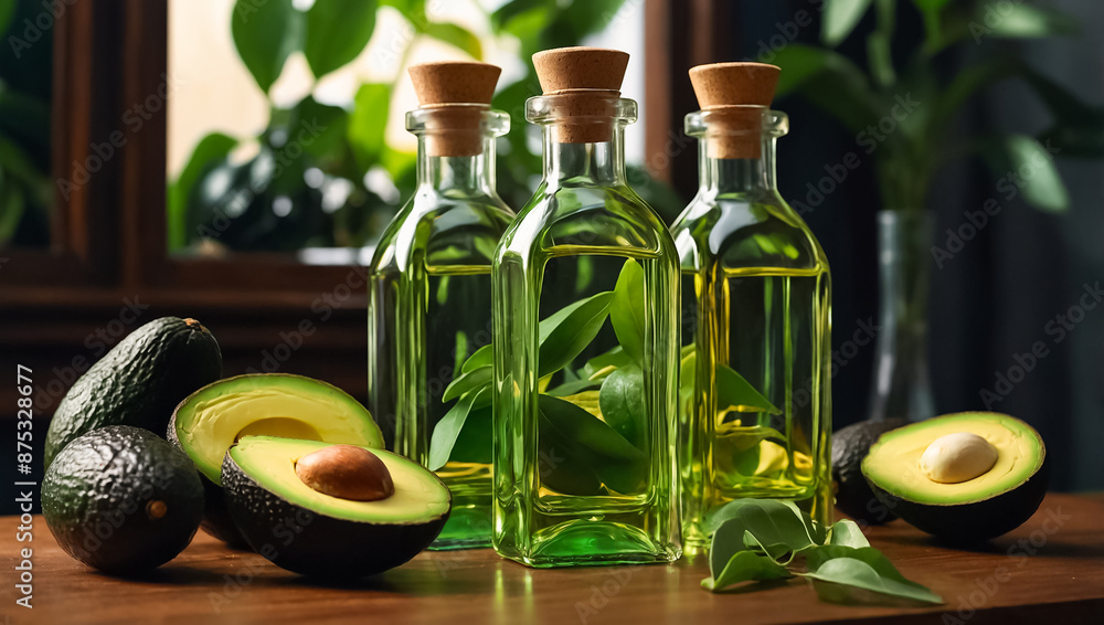 oil in a glass bottle, fresh avocado oil in a glass bottle, fresh avocado