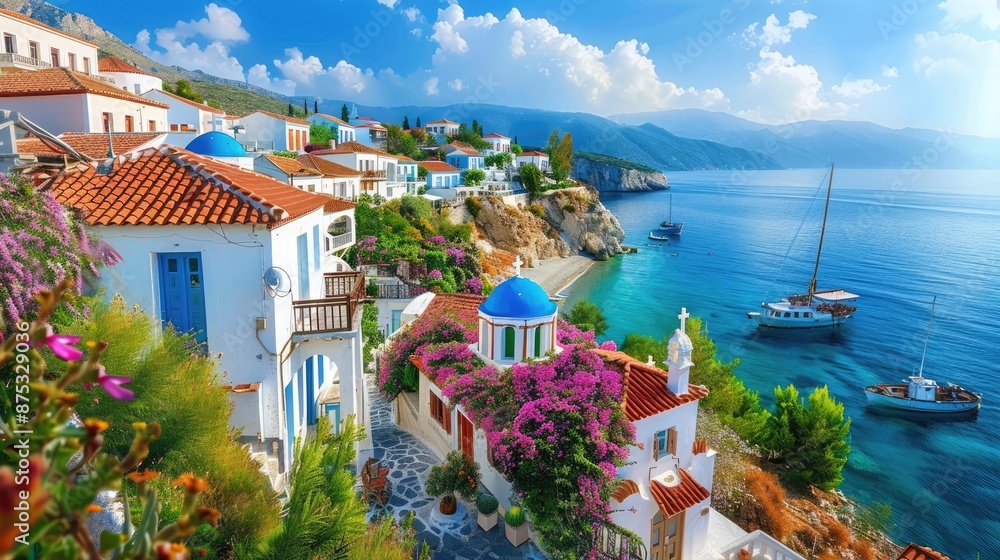 Fototapeta premium A traditional Greek village with whitewashed houses and blue-domed churches overlooking the azure waters of the Aegean Sea.