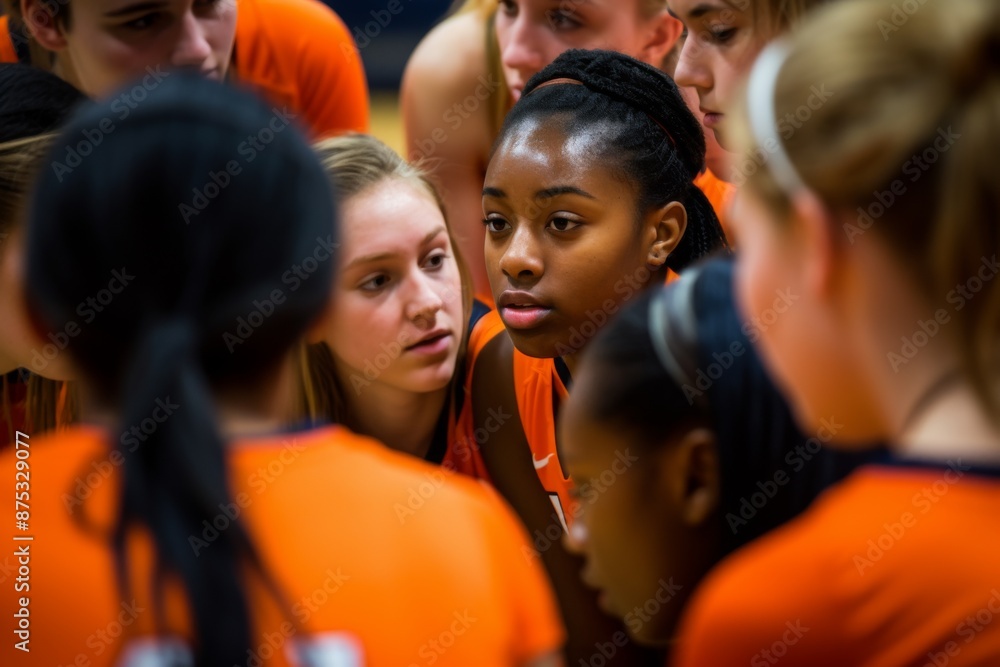 Obraz premium Female basketball team huddle during game strategy talk