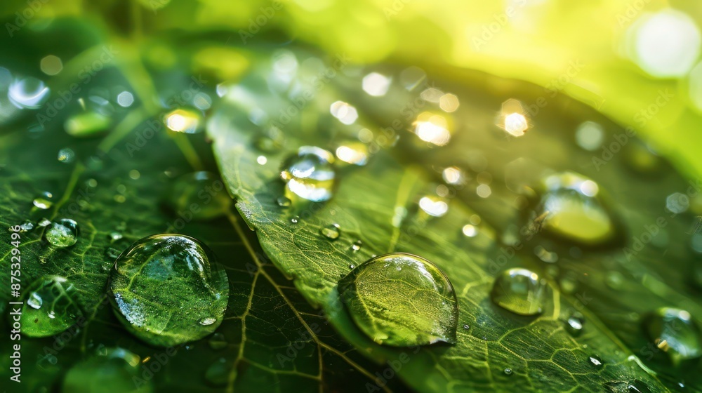 Large beautiful drops of transparent rain water on a green leaf macro. Droplets of water sparkle glare in morning sun . Beautiful leaf texture in nature. Natural background, free space Large beautiful drops of transparent rain water on a green leaf macro. Droplets of water sparkle glare in morning sun . Beautiful leaf texture in nature. Natural background, free space