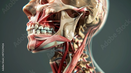 Detailed 3D rendering of human anatomy focusing on facial muscles, bones, and connective tissues with dark background. photo