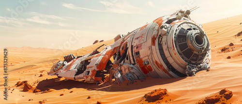A crashed spaceship lies abandoned in the middle of a desolate desert landscape, bathed in the golden light of a setting sun.