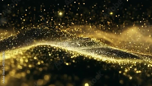 Golden glitter particles float and shimmer in the air, creating a mesmerizing and elegant display.