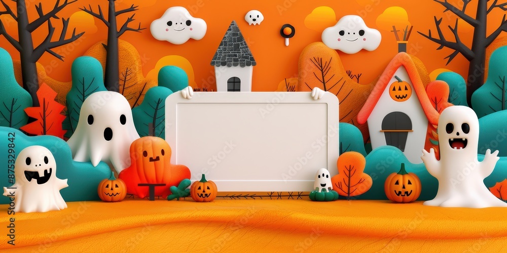 Halloween 3D Illustration with Ghosts, Pumpkins, and a Blank Sign Halloween 3D Illustration with Ghosts, Pumpkins, and a Blank Sign