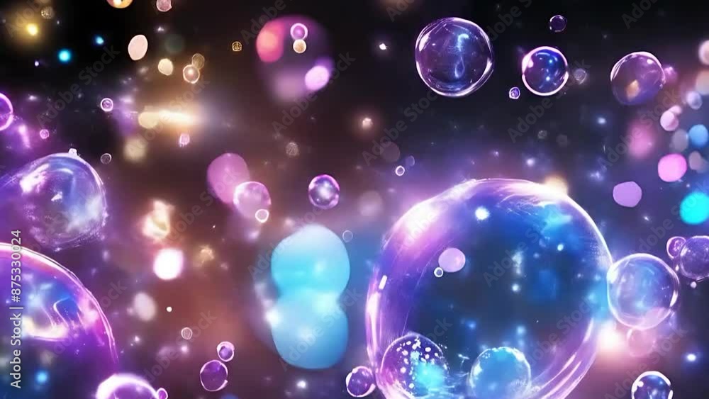 Many colorful bubbles float and shimmer in a dark room. Many colorful bubbles float and shimmer in a dark room.