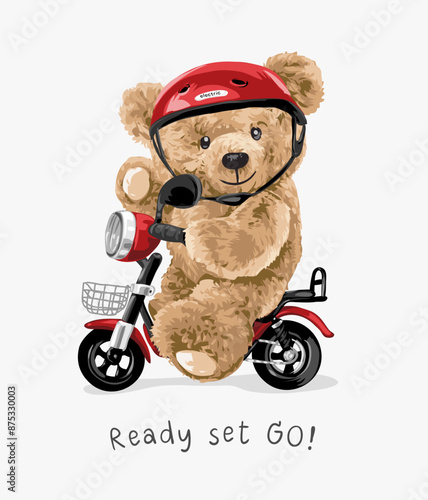 ready set go slogan with cute bear doll riding red scooter hand drawn vector illustration