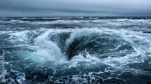 Waves of water of the river and the sea meet each other during high tide and low tide. Whirlpools of the maelstrom of Saltstraumen, Nordland, Norway