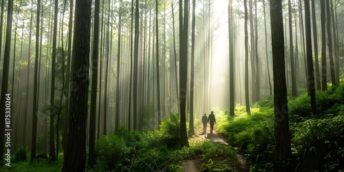 Huntergatherers forage in dense forest under filtered sunlight among towering trees. Concept Exploration, Nature, Wilderness, Survival, Adventure