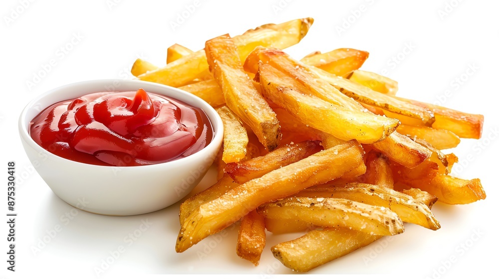 A delectable serving of crispy golden French fries with rich, red ketchup for dipping. A delectable serving of crispy golden French fries with rich, red ketchup for dipping.