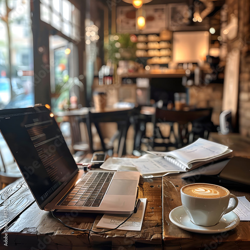 a laptop on a cozy coffee shop table surrounded
