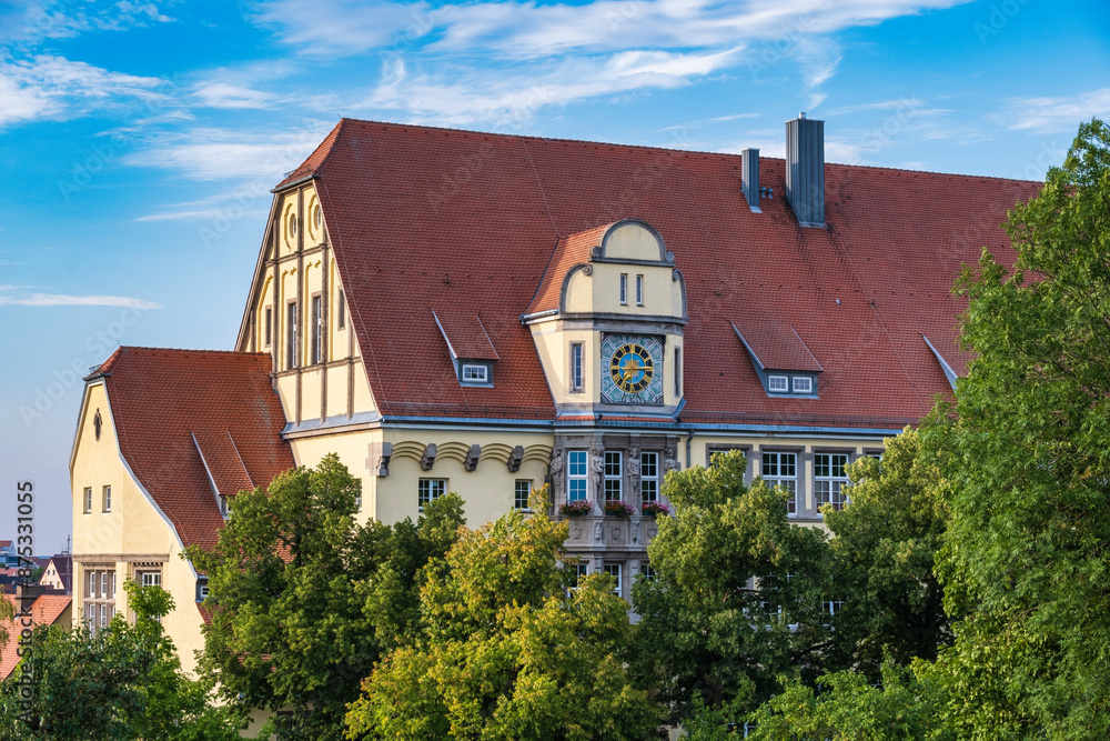 View of a historic school in Rothenburg ob der Tauber in Middle Franconia in the evening View of a historic school in Rothenburg ob der Tauber in Middle Franconia in the evening