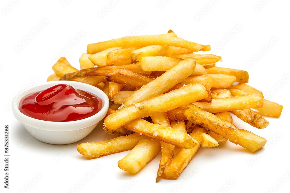 A heaping pile of crispy golden french fries with a side of ketchup. A heaping pile of crispy golden french fries with a side of ketchup.