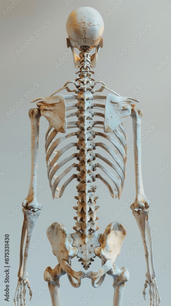 Detailed image of a full human skeleton viewed from the back, showing bones and vertebrae anatomy, isolated on a light background. Detailed image of a full human skeleton viewed from the back, showing bones and vertebrae anatomy, isolated on a light background.