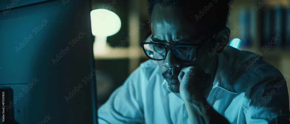 A concerned man engrossed in his computer screen, his office illuminated by blue light, giving a sense of deep focus and night work. A concerned man engrossed in his computer screen, his office illuminated by blue light, giving a sense of deep focus and night work.