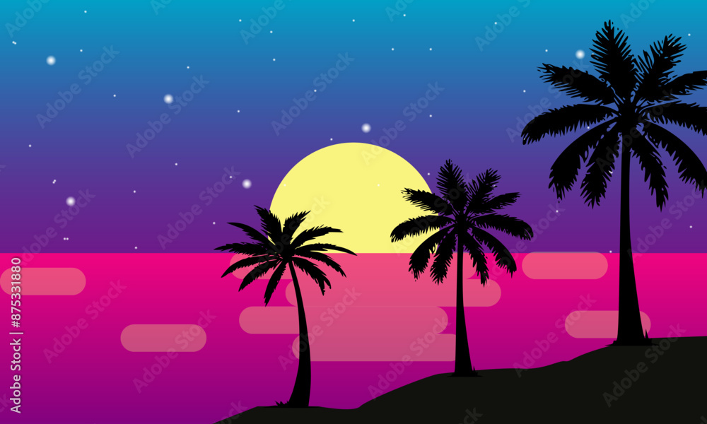 Naklejka premium Scenery beach at sunset with sun and palm silhouette