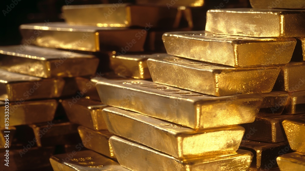 A stunning photo of gold bars stacked neatly to represent wealth A stunning photo of gold bars stacked neatly to represent wealth