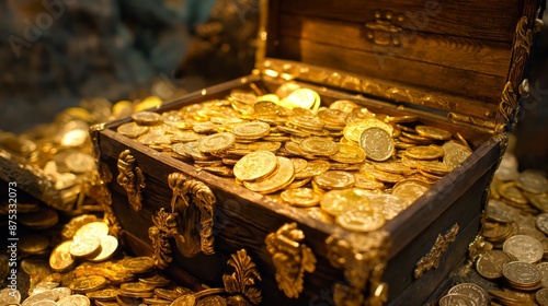 A clear photo of a treasure chest filled with gold bars and coins
