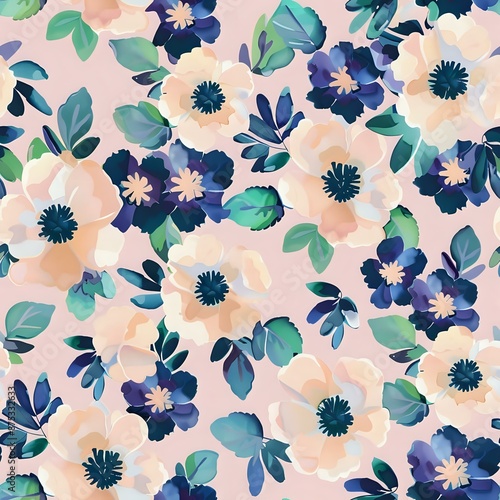 Nature-Inspired Grid of Blue, Green, and Pink Flowers