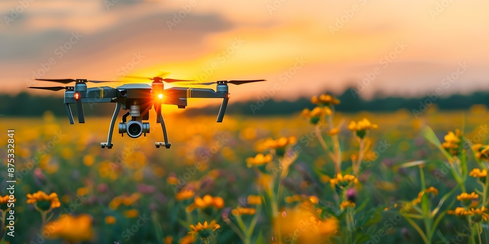 Revolutionizing Agriculture Drones Pollinating Crops and Automated Machinery in a High-Tech Farm. Concept Drones in Agriculture, Pollination Technologies, Automated Farming Machinery Revolutionizing Agriculture Drones Pollinating Crops and Automated Machinery in a High-Tech Farm. Concept Drones in Agriculture, Pollination Technologies, Automated Farming Machinery