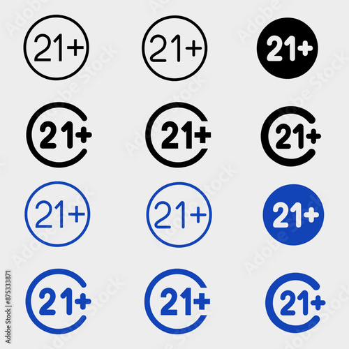 21 plus years old sign. Adults content icon. Colored round buttons. Flat design circle icons set. Vector
