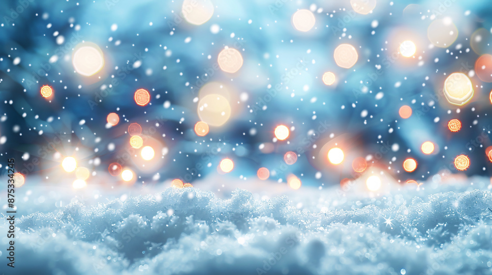 A festive Christmas scene with a natural snowy background, an abstract empty stage, snowdrifts, and defocused Christmas lights on a light blue background, providing copy space. A festive Christmas scene with a natural snowy background, an abstract empty stage, snowdrifts, and defocused Christmas lights on a light blue background, providing copy space.